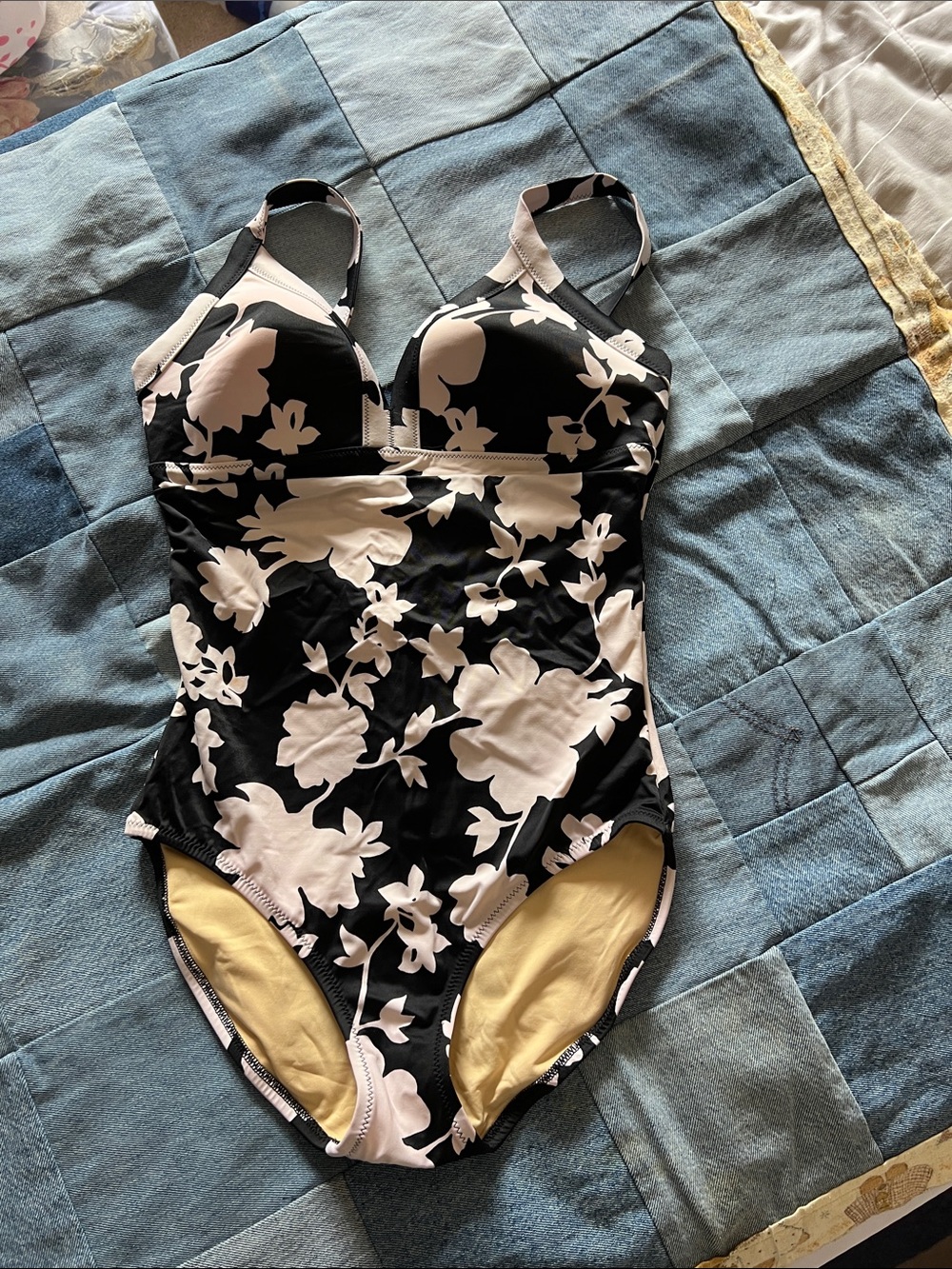 Lands' End Black & White Floral One-Piece Swimsuit